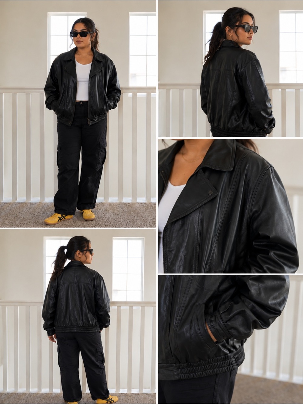 Vintage Black Leather Bomber Jacket sz medium cropped